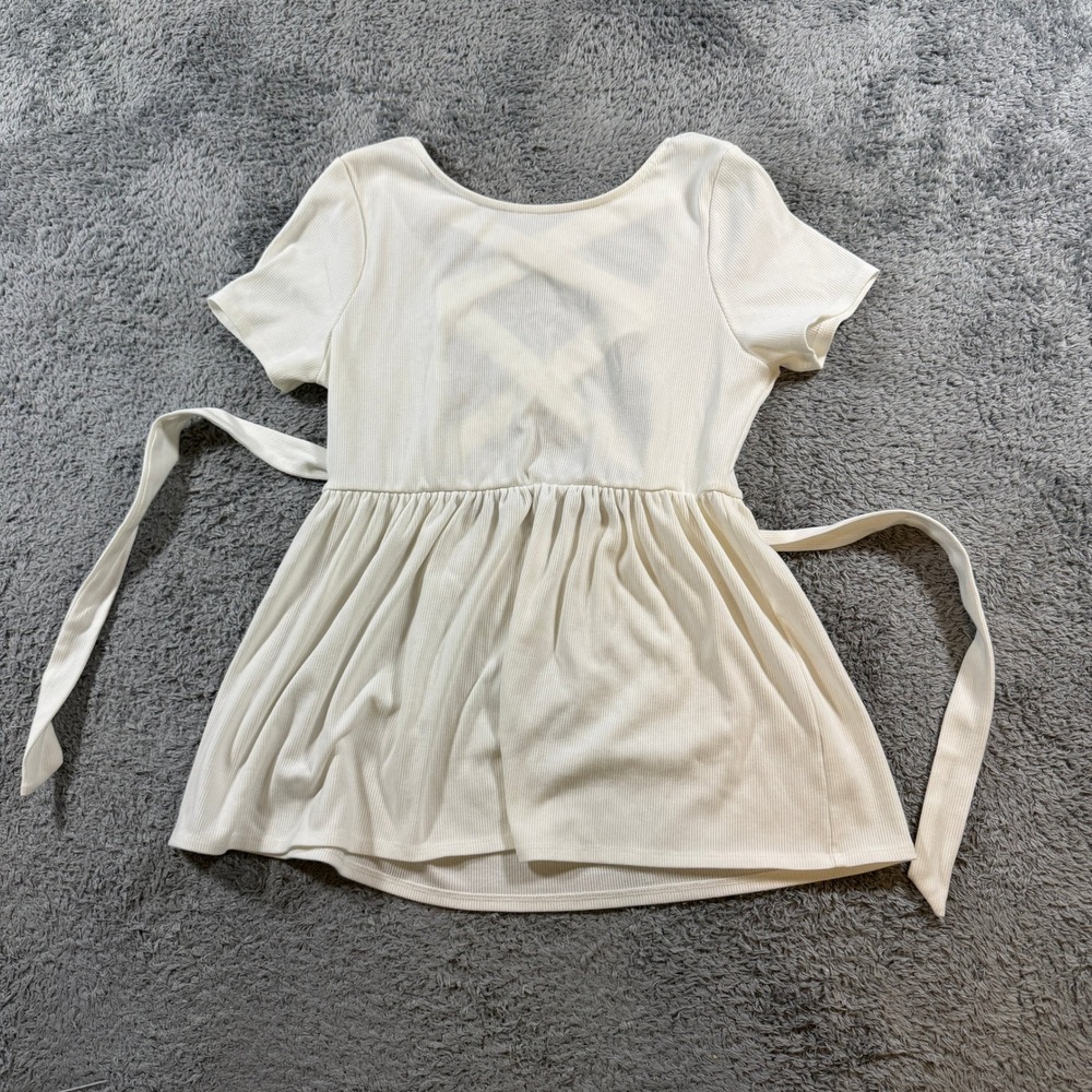 Gilli Ribbed Babydoll Top Large Cream Short Sleeve Criss Cross Back Tie Waist